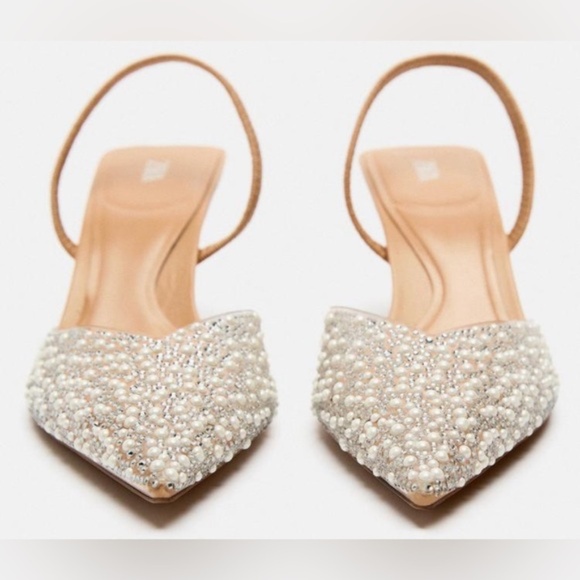 ZARA PEARL SLINGBACK HEELS size 39 viral zara jeweled kitten wedding bridal heel - Picture 1 of 7